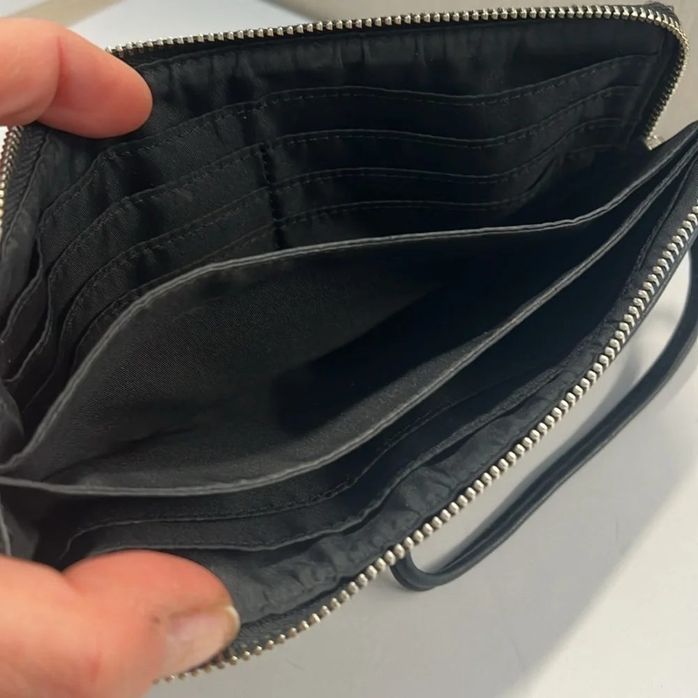 Coach Large Gray Black Pebbled Leather Wristlet Clutch Bag